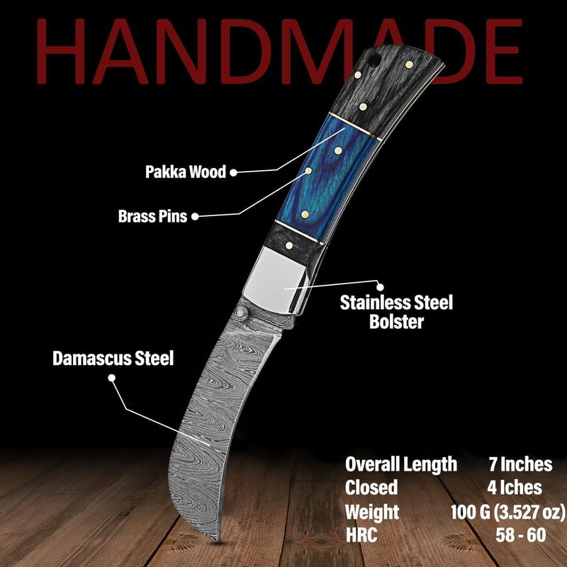 BE BREAK EDGE Hawkbill Knife,Folding Pocket Knife with Curved Blade, Lineman Tools, Damascus Steel construction. (Blue&Grey) - Image 2